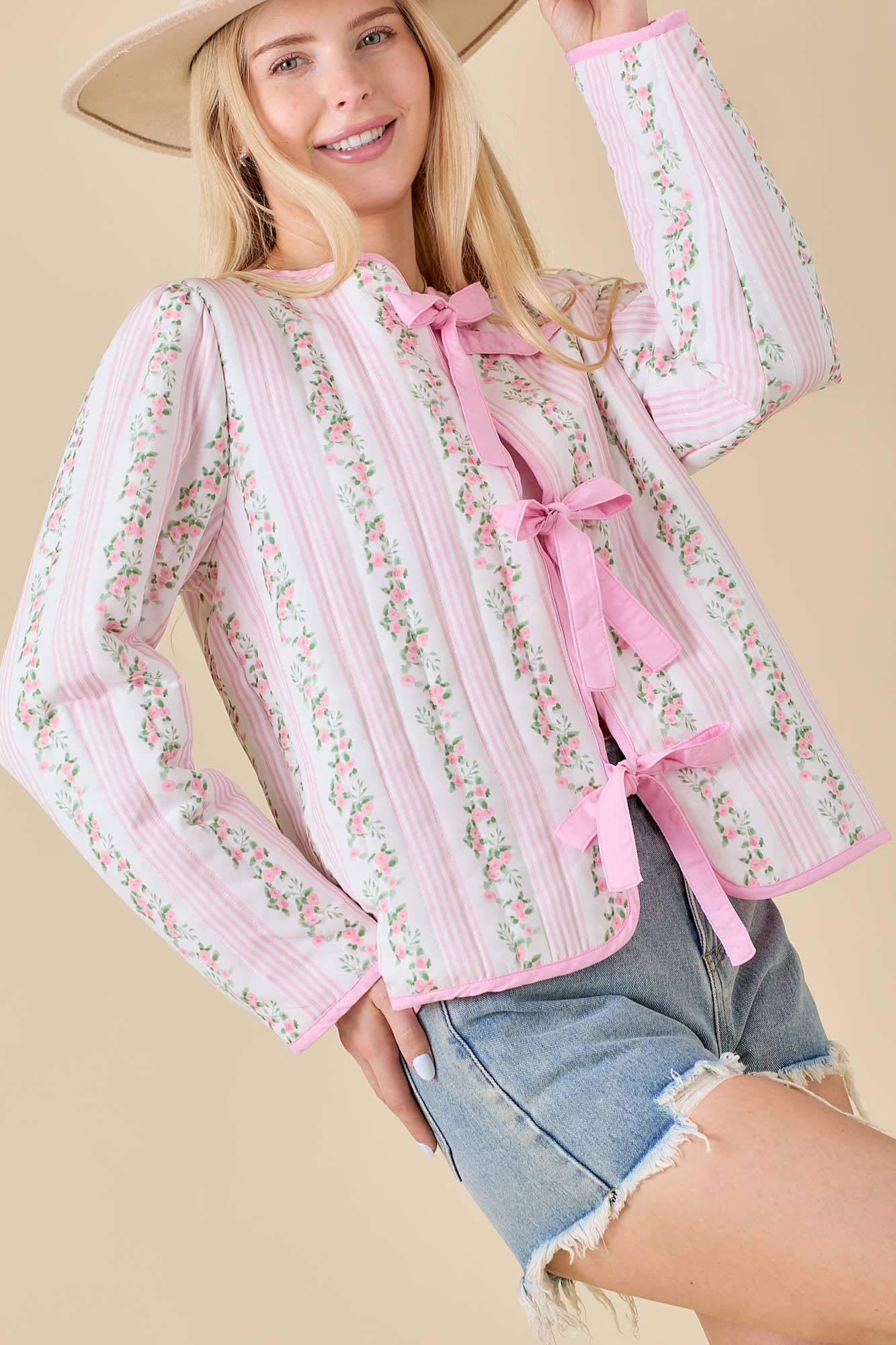 Joyful Quilted Floral Stripe Pattern Jacket