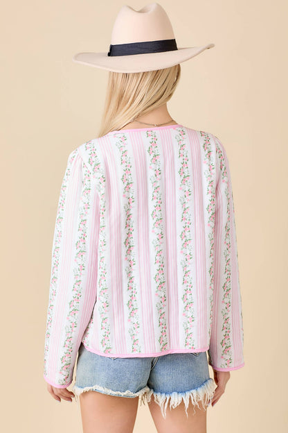 Joyful Quilted Floral Stripe Pattern Jacket