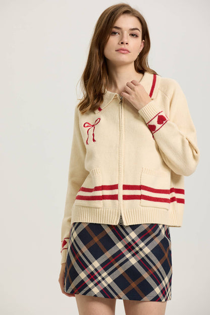 PRE ORDER Love Season Zip-Up Cardigan with Red Bow Embroidery SHIPS 01/23