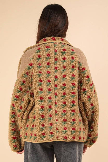 Red Roses Oversized Printed Fleece Jacket