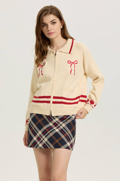 PRE ORDER Love Season Zip-Up Cardigan with Red Bow Embroidery SHIPS 01/23